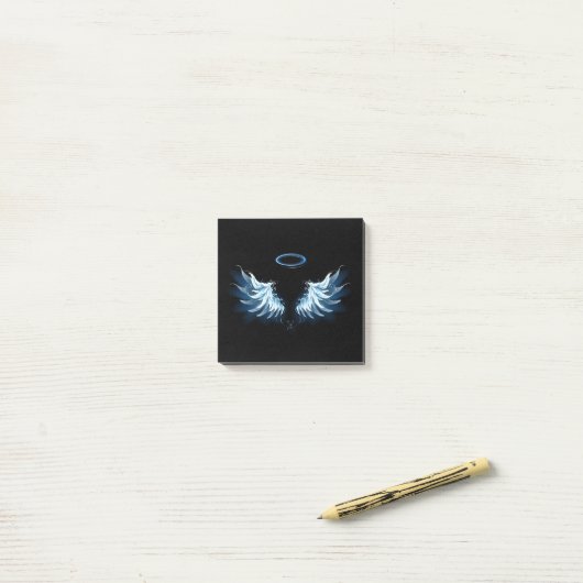 Post-it® Blue Glowing Angel Wings on black background (Sur un bureau)