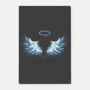 Post-it® Blue Glowing Angel Wings on black background