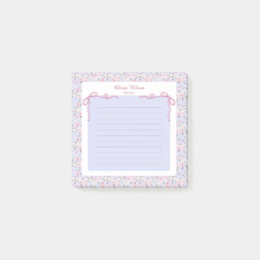 Post-it® Blue Pink Floral Coquette Bow Custom Name (Devant)