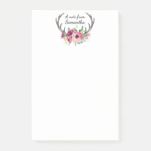 Post-it® Boho Antlers Aquarelle Florale avec votre nom (Devant)