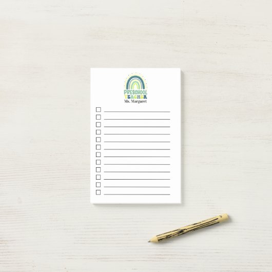 Post-it® Boho Rainbow Enseignant préscolaire vert bleu (Sur un bureau)