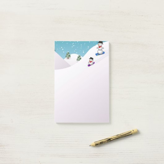 Post-it® Bonhommes de neige de snowboard mignons (Sur un bureau)