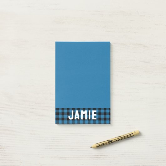 Post-it® Buffle bleu profond Vérifier le nom blanc (Sur un bureau)