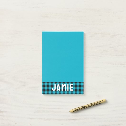 Post-it® Buffle bleu tropical Vérifier le nom blanc (Sur un bureau)