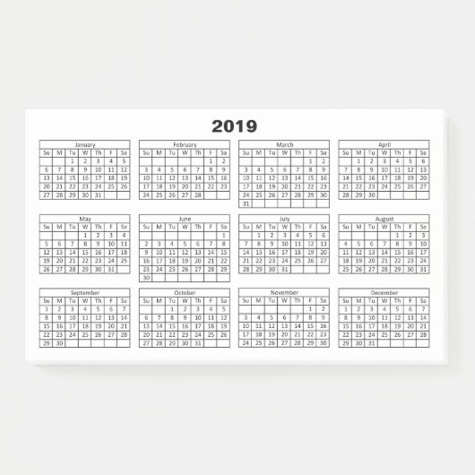 Post-it® Calendrier noir 2019 sur blanc (Devant)