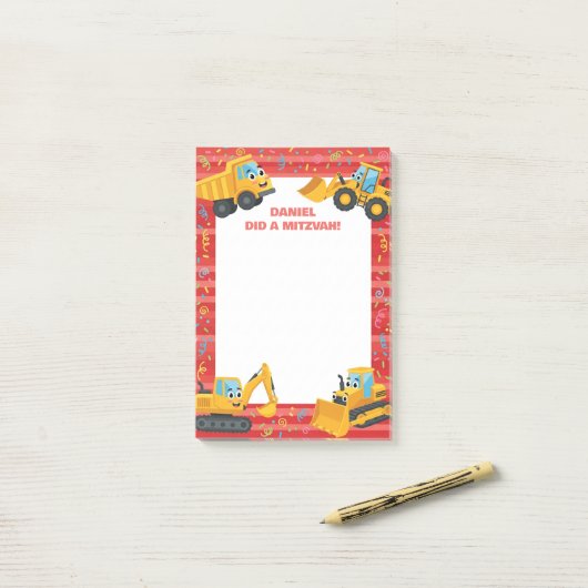 Post-it® Camions de construction rouges pour une Mitsva per (Sur un bureau)