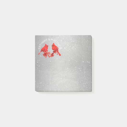 Post-it® Cardinals rouges Faux Monogrammes argentés Nom Cou (Devant)