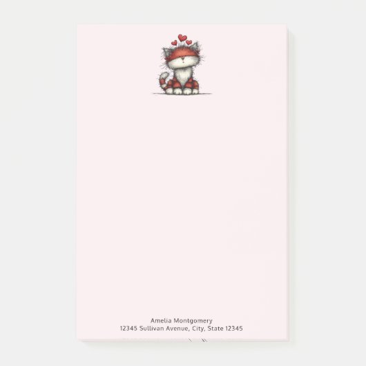 Post-it® Chat avec des cœurs d'amour rouges mignon et drôle (Devant)