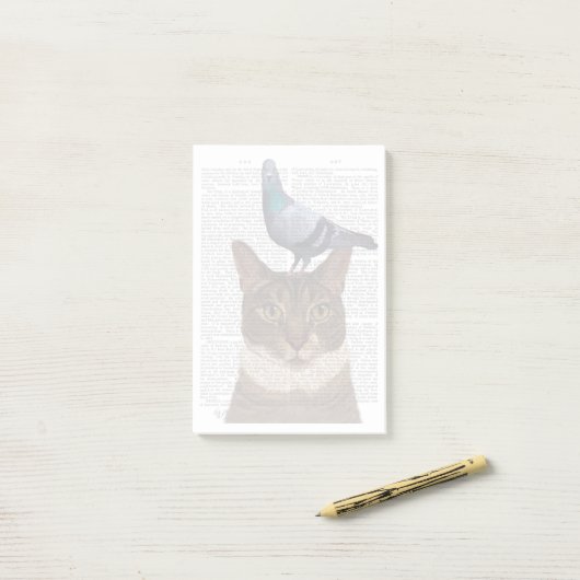 Post-it® Chat avec pigeon sur tête (Sur un bureau)