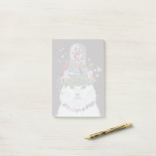 Post-it® Chat blanc avec cloche papillon (Sur un bureau)