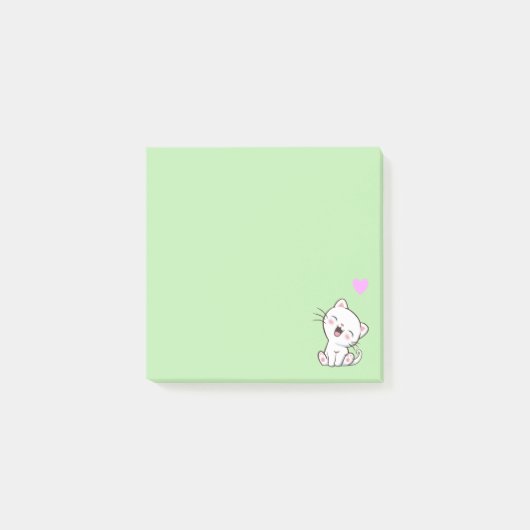 Post-it® Chat mignon et coeur sur vert clair (Devant)