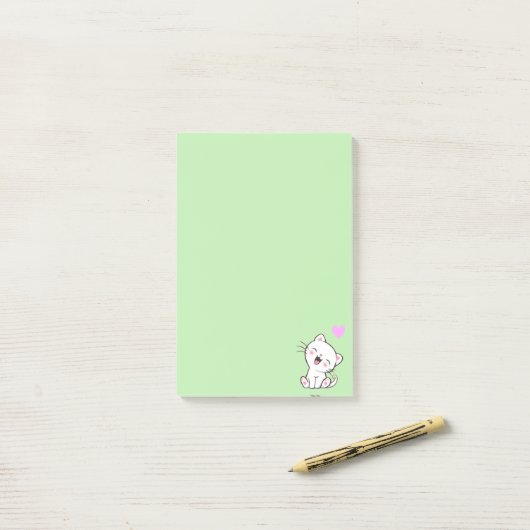 Post-it® Chat mignon et coeur sur vert clair Post-it Notes (Sur un bureau)