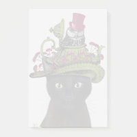 Chat noir avec théière et hibou