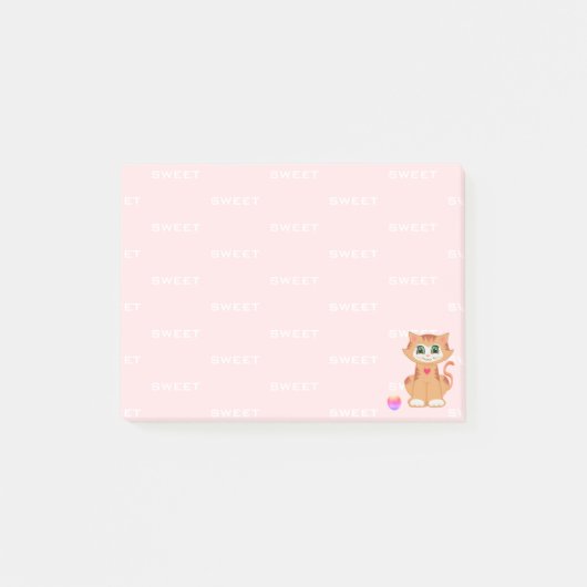 Post-it® Chaton Tabby Rousse Dessin Animé sur Fond Rose (Devant)