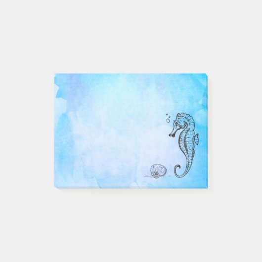 Post-it® Cheval de mer et coquillage sur l'aquarelle bleue (Devant)