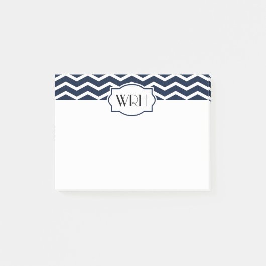 Post-it® Chevron blanc bleu de la marine à motifs monogramm (Devant)