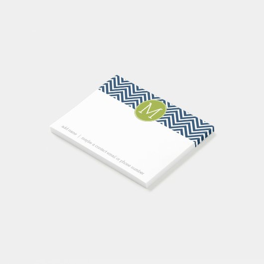 Post-it® Chevrons bleu marine et vert citron Monogramme per (Incliné)