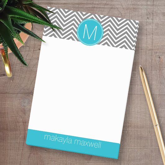 Post-it® Chevrons gris et Aqua avec monogramme