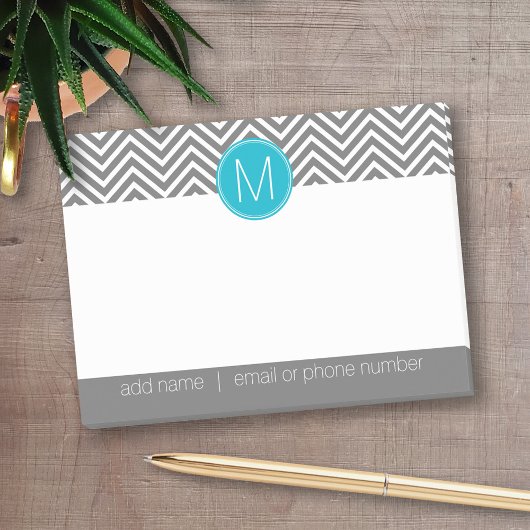 Post-it® Chevrons gris et bleu Aqua avec un monogramme