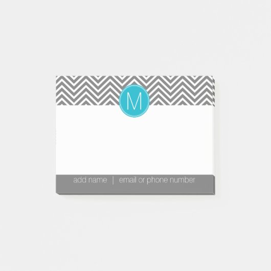 Post-it® Chevrons gris et bleu Aqua avec un monogramme (Devant)
