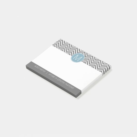 Post-it® Chevrons gris et bleu pastel avec Monogramme perso (Incliné)