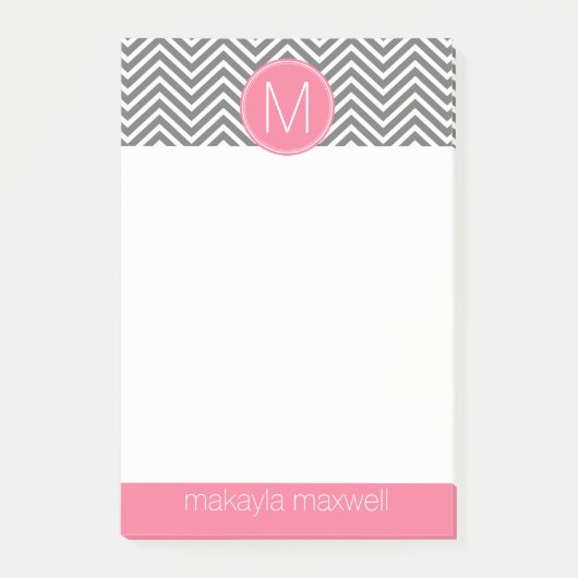 Post-it® Chevrons gris et roses avec monogramme (Devant)