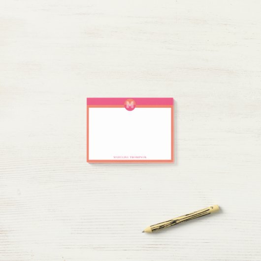 Post-it® Chic Pink Orange Geometric Modern Monogram (Sur un bureau)