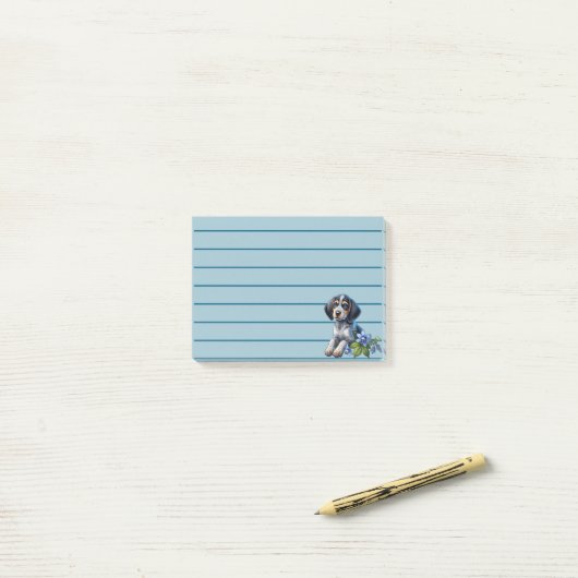 Post-it® Chiot bleu Tick Hound avec Fleurs Bleues Delicate (Sur un bureau)