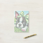Post-it® Chiot de Boston Terrier avec Bow vert (Sur un bureau)