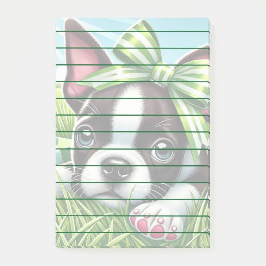 Post-it® Chiot de Boston Terrier avec Bow vert (Devant)