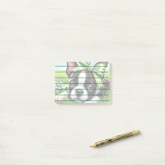 Post-it® Chiot de Boston Terrier avec Bow vert (Sur un bureau)