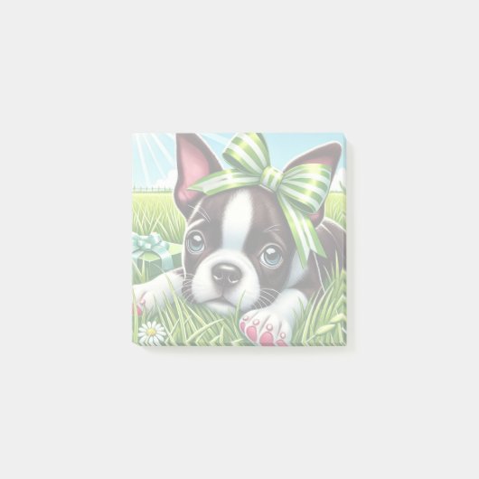 Post-it® Chiot de Boston Terrier avec Bow vert (Devant)