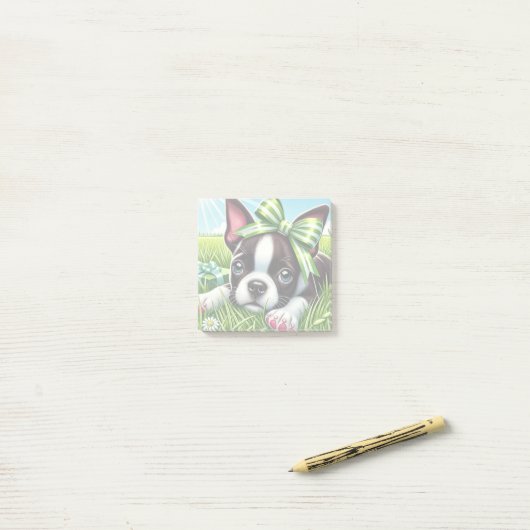 Post-it® Chiot de Boston Terrier avec Bow vert (Sur un bureau)