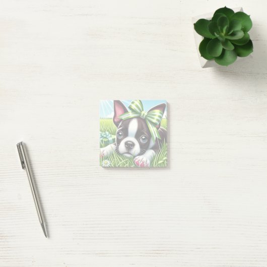 Post-it® Chiot de Boston Terrier avec Bow vert (Bureau)