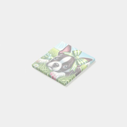 Post-it® Chiot de Boston Terrier avec Bow vert (Incliné)