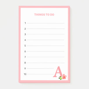 Post-it® Choses à faire avec monogramme rose et fleurs