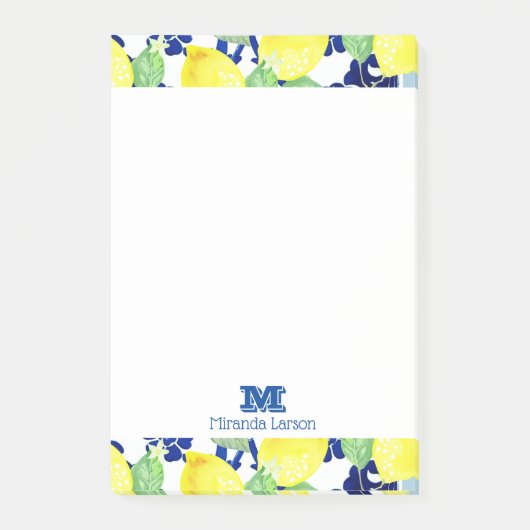 Post-it® Citrons vibrants de pays et monogramme floral bleu (Devant)