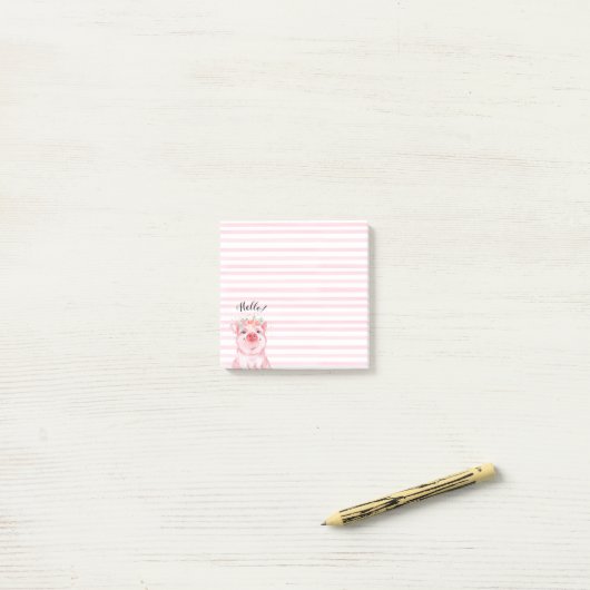 Post-it® Cochon mignon avec bandes roses (Sur un bureau)