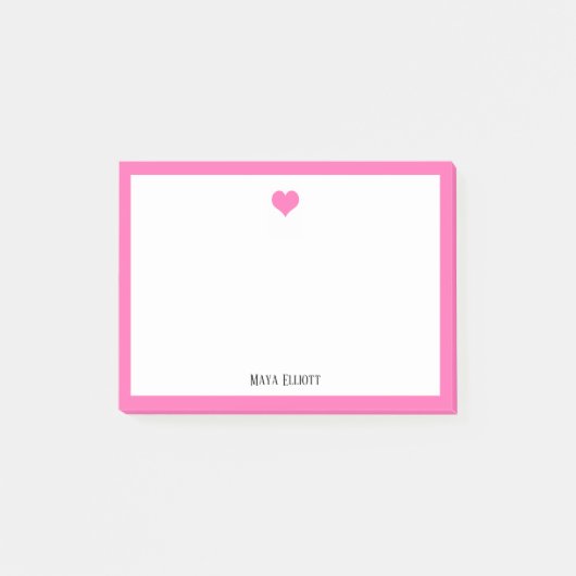 Post-it® Cœur rose vif et bordure sur fond blanc avec nom (Devant)