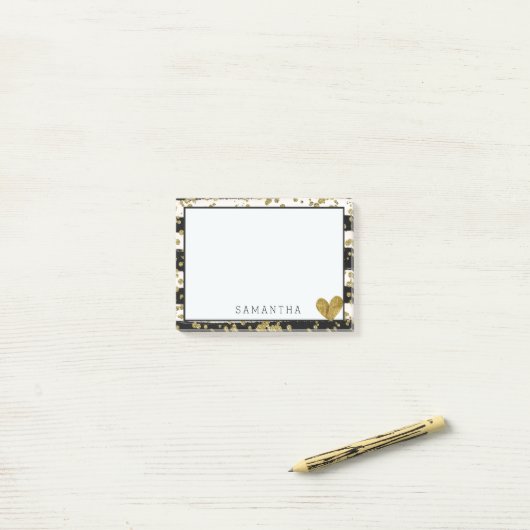 Post-it® Confettis noirs et rayures d'or blanc (Sur un bureau)