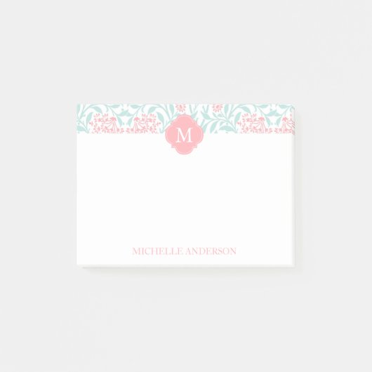 Post-it® Corail décoré d'un monogramme et damassé florale (Devant)