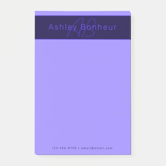 Post-it® Couleurs Deep Purple Modernes | Nom et Monogramme (Devant)