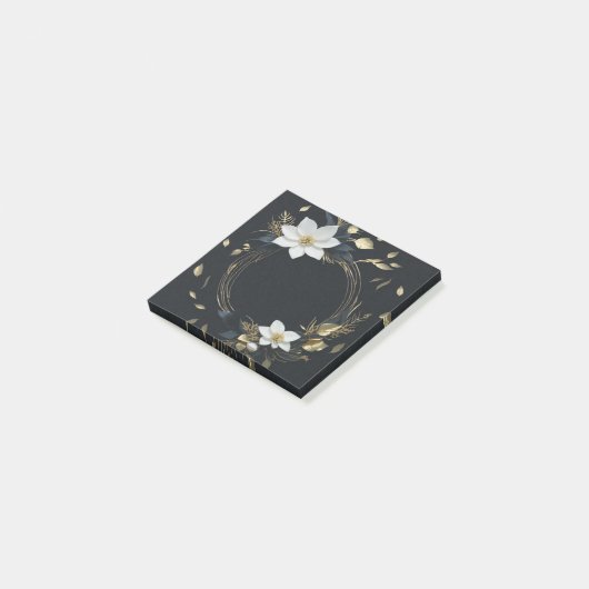 Post-it® Couronne florale élégante noire, blanche et dorée  (Incliné)