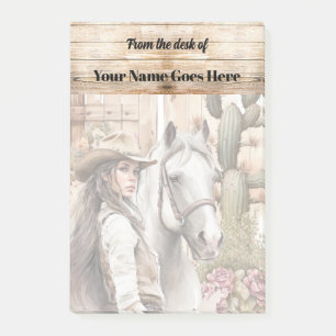 Post-it® Cowgirl avec cheval aquarelle cactus floral