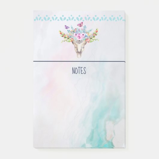 Post-it® Crâne animal Boho avec papillons et fleurs (Devant)