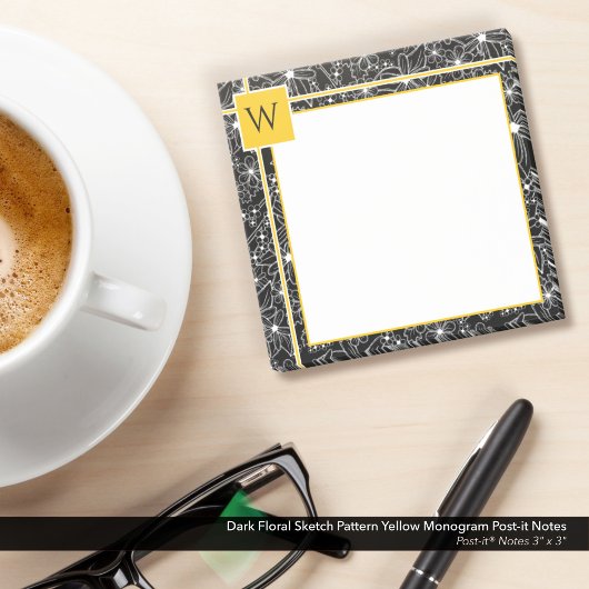 Post-it® Croquis floral foncé Motif Monogramme jaune noir
