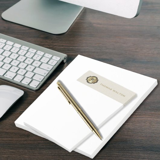 Post-it® Cuir Blanc Crème au Monogramme Doré Élégant