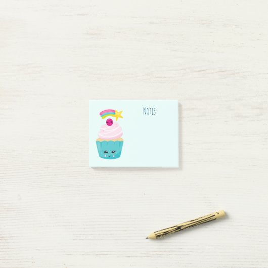 Post-it® Cupcake bleu mignon avec visage Kawaii (Sur un bureau)