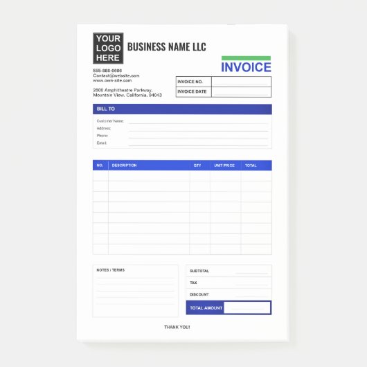 Post-it® Custom Logo Small Business Invoice Receipt Pad (Devant)