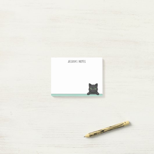 Post-it® Cute Black Cat Peeking Mint Personalized (Sur un bureau)
